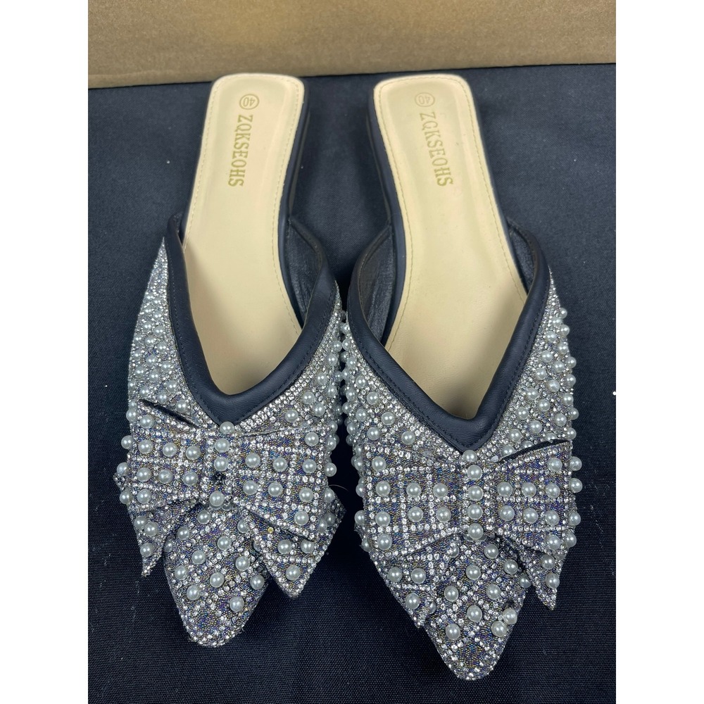 Women's Embellished Black Pearl-Accent Pointed Mules